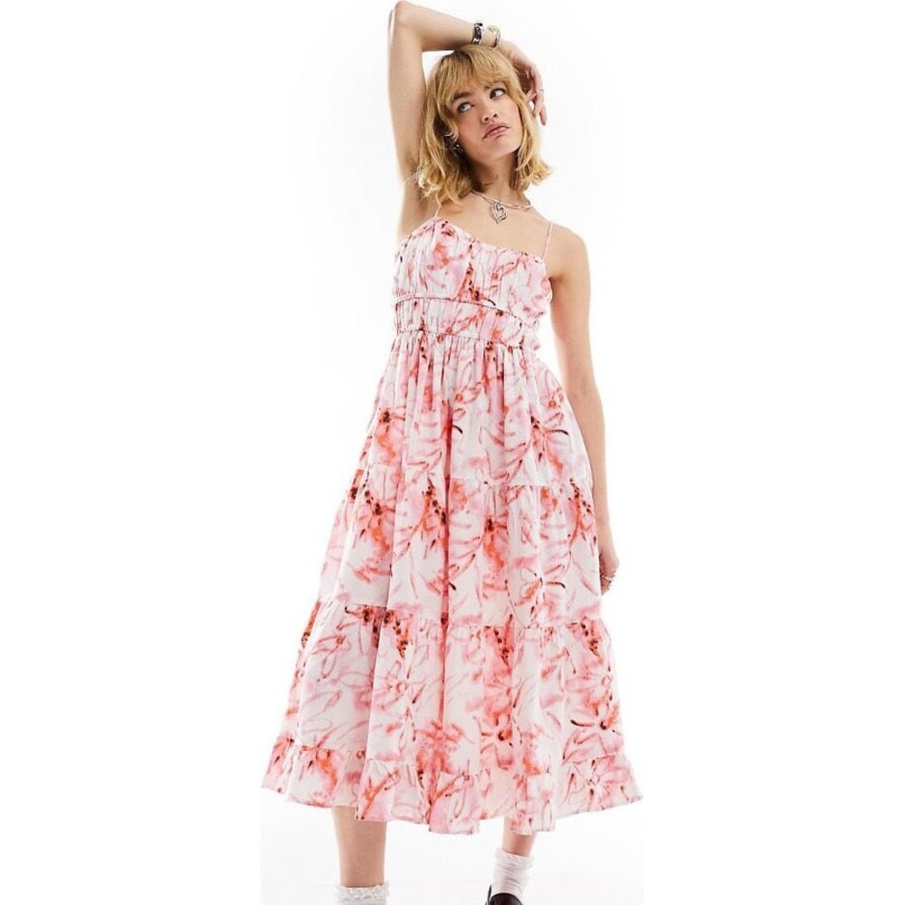COLLUSION Pink Floral Print Tiered Midi Dress Spaghetti Straps Size 4